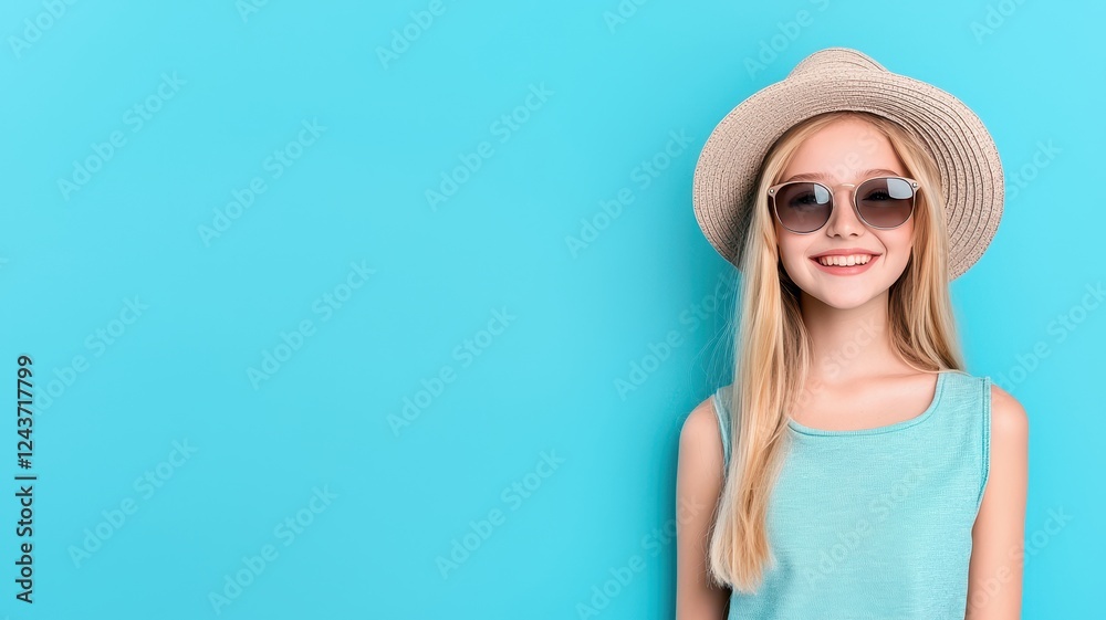 Space Tourism Service. Smiling girl in sunglasses and straw hat against a bright blue background. Space Tourism Service. Smiling girl in sunglasses and straw hat against a bright blue background.