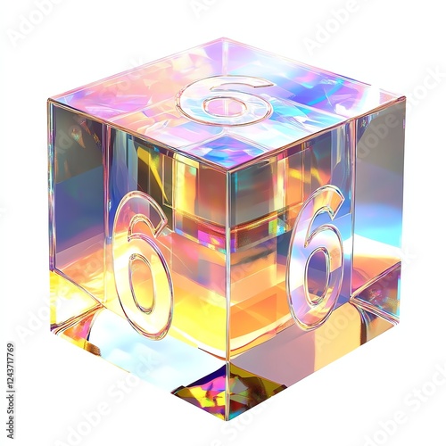 Colorful translucent cube with number six on each side, white isolate background.