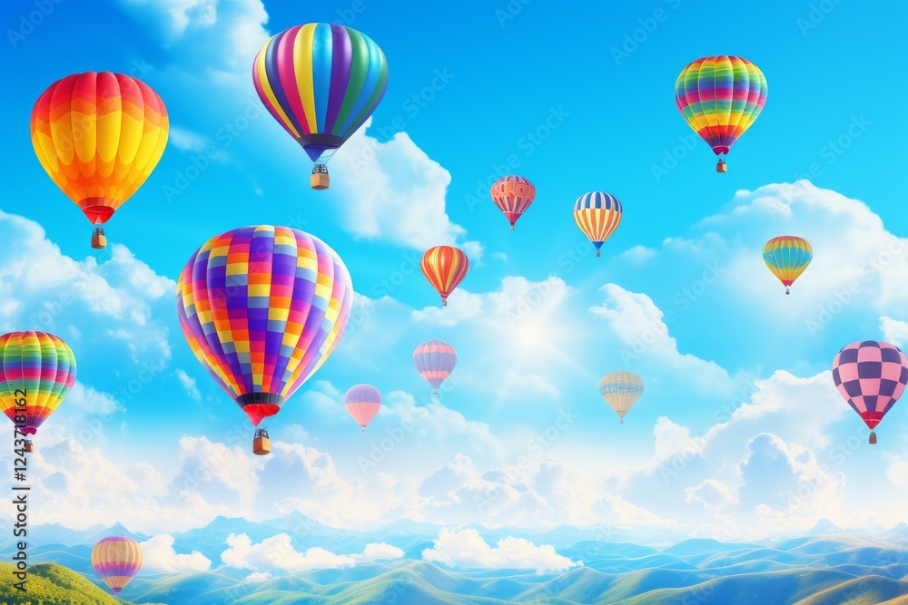 Fototapeta premium Hot air balloons soaring over a picturesque landscape of green hills under a bright blue sky