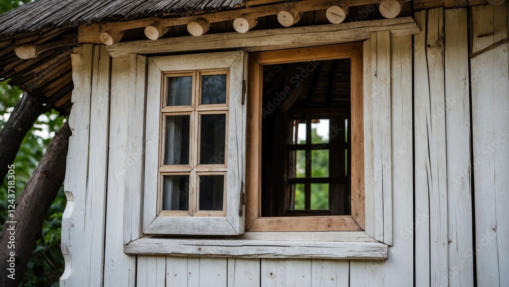 Traditional wooden hut window with rustic design showcasing craftsmanship and natural surroundings. Emphasizes simplicity and rural charm. Traditional wooden hut window with rustic design showcasing craftsmanship and natural surroundings. Emphasizes simplicity and rural charm.