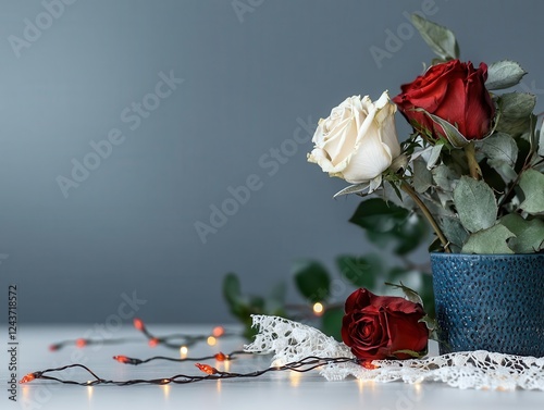 Valentine Preserved Rose Concept, Preserved roses paired with dried flowers and fairy lights, resting on a vintage lace cloth, rustic romantic vibe