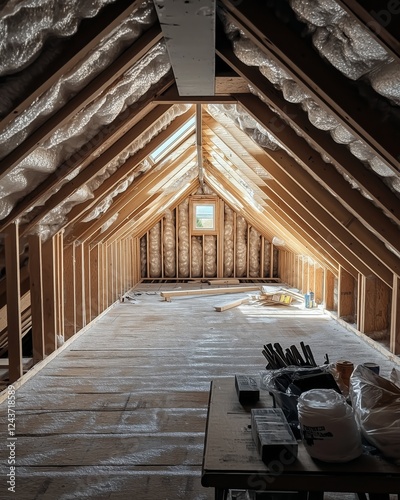 This image captures a modern attic renovation, featuring exposed beams and ample natural light, illustrating the transformation of an attic into a usable space.