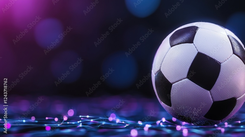 Naklejka premium A soccer ball in motion surrounded by a vibrant display of colorful lights bokeh effects and a blurred dynamic background capturing the energy and excitement of the sport