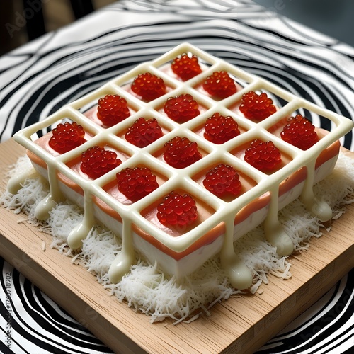A decorative and appetizing presentation of the dish, adorned with thin lines of sauce, bright red caviar, and finely grated cheese.