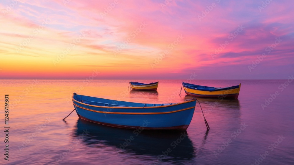 Fototapeta premium Breathtaking sunset view over a peaceful harbor with small colorful boats moored along the dock reflecting in the calm tranquil waters of the sea or lake