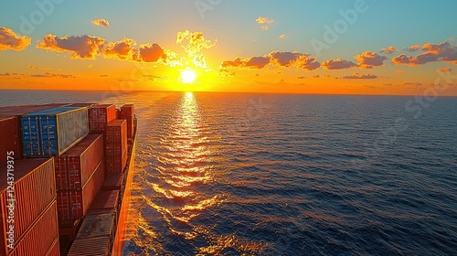 Cargo ship at sunset on open ocean photo