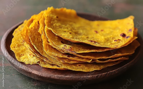 A close-up of glowing puran poli stuffed with sweet lentil filling, with ghee melting on top, served on a rustic wooden plate. The golden brown surface of the poli reflects its rich flavor  photo