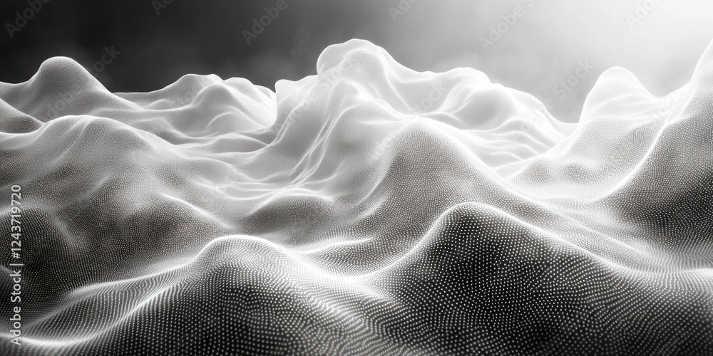 Obraz premium Dynamic Flowing Wavy Dot Particle Pattern in Black and White for Technology and Science Concepts