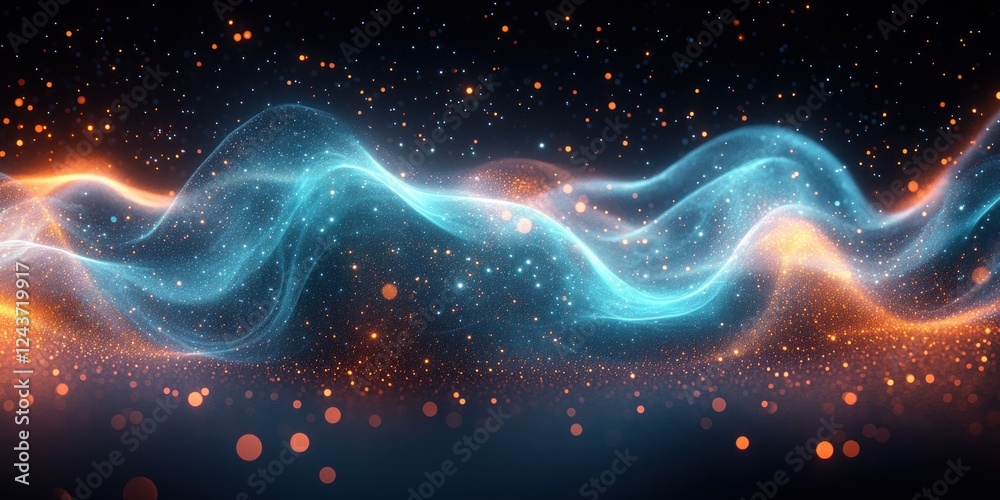 Obraz premium Abstract Wavy Particles Blue Green Dynamic Light Pattern on Black Background