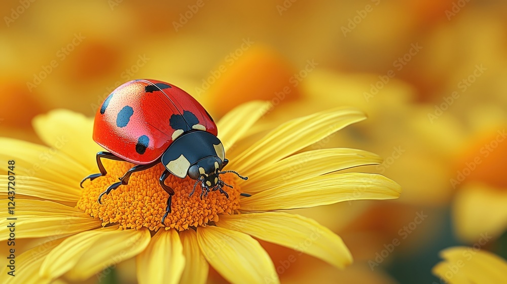 Naklejka premium Ladybug Resting on a Yellow Flower in a Field