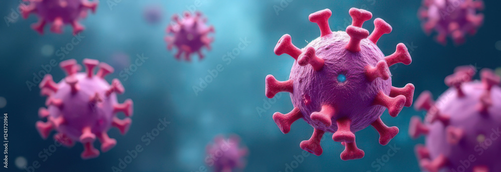 Coronavirus cells floating in microscopic view, banner image Coronavirus cells floating in microscopic view, banner image