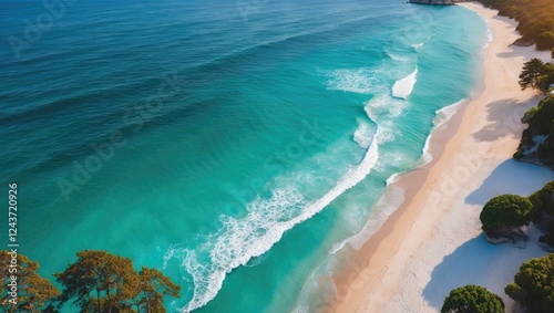 Aerial View of Pristine Beach with Turquoise Waters and Golden Sand Ideal for Summer Vacation and Tropical Getaway Themes