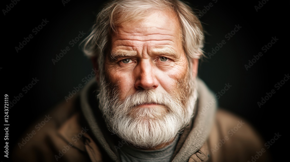 A serious elderly man with a gray beard and deep-set eyes, wearing a hoodie against a dark background. A serious elderly man with a gray beard and deep-set eyes, wearing a hoodie against a dark background.