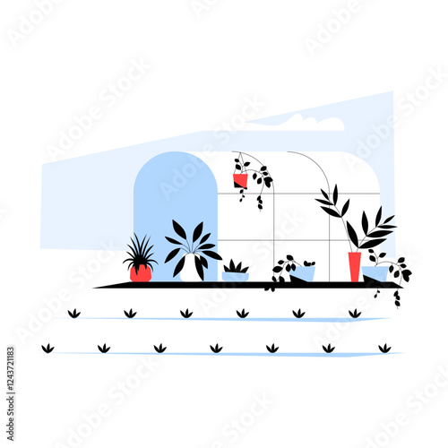 Modern Greenhouse With Various Potted Plants In Flat Vector Illustration Symbolizing Sustainable Gardening, Home Decor, And Urban Green Spaces, Isolated On White Background.