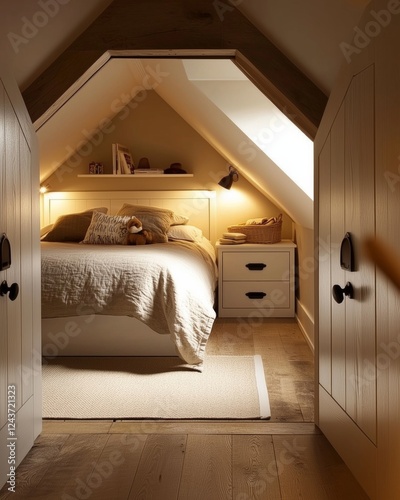 A warmly lit attic bedroom featuring a cozy bed and simple design, evoking a sense of peace, comfort, and relaxation in a quaint and inviting atmosphere. photo