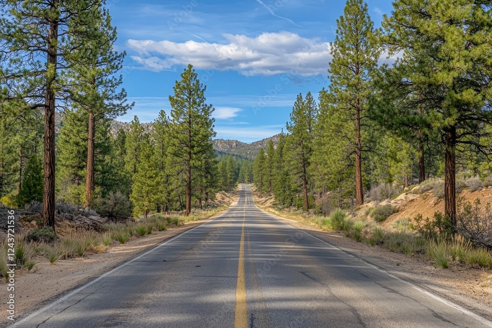 Fototapeta premium A deserted road flanked on both sides by pine forests under a blue sky.