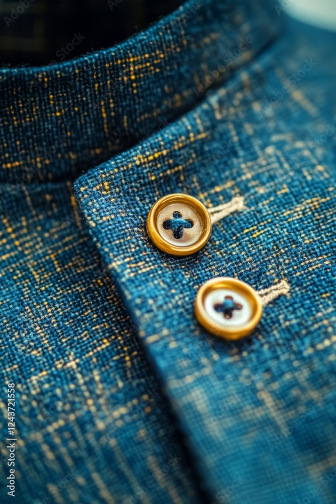 This is a closeup view of a beautifully textured blue fabric adorned with elegant golden buttons, which emphasizes the highquality tailoring and exceptional craftsmanship involved in fashion design This is a closeup view of a beautifully textured blue fabric adorned with elegant golden buttons, which emphasizes the highquality tailoring and exceptional craftsmanship involved in fashion design