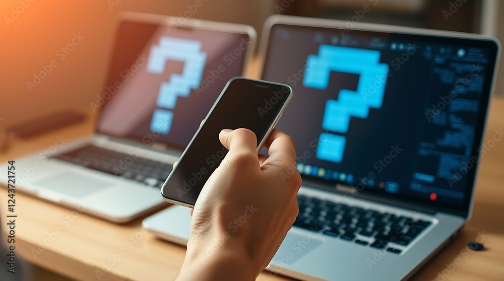 Problem-Solving Concept – Hands Using Smartphone & Laptop with Abstract Question Mark Interface, question mark, decision-making, tech background, troubleshooting
Problem-Solving Concept – Hands Using Smartphone & Laptop with Abstract Question Mark Interface, question mark, decision-making, tech background, troubleshooting