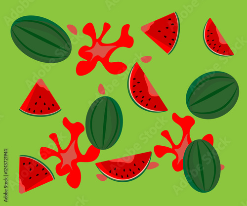
Pattern of whole and sliced ​​watermelons and watermelons on a light green background. Vector image.
