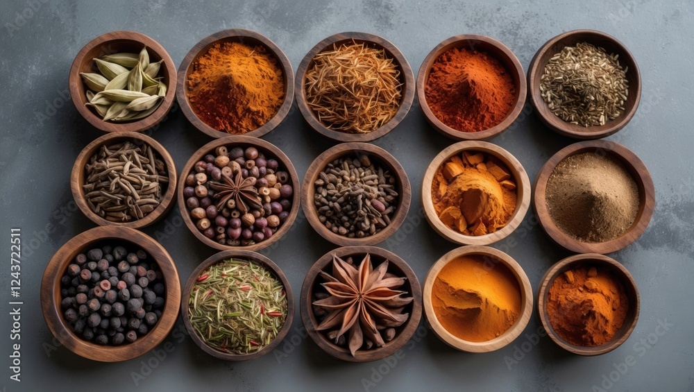 Assorted whole Indian spices arranged in wooden bowls on a gray background overhead view showcasing vibrant colors and textures. Assorted whole Indian spices arranged in wooden bowls on a gray background overhead view showcasing vibrant colors and textures.