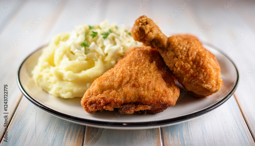 delicious fried chicken with creamy mashed potatoes and coleslaw served on a white plate for a satisfying hearty meal delicious fried chicken with creamy mashed potatoes and coleslaw served on a white plate for a satisfying hearty meal