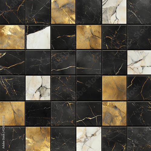 Elegant black and gold marble tile mosaic.  Luxury texture background. photo