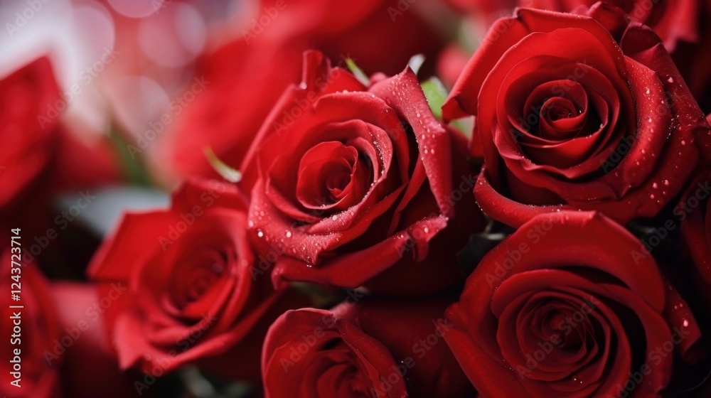 Obraz premium Close-Up of Beautiful Red Roses in a Bouquet Highlighting Their Velvety Petals with Dew Drops for a Romantic or Floral Theme