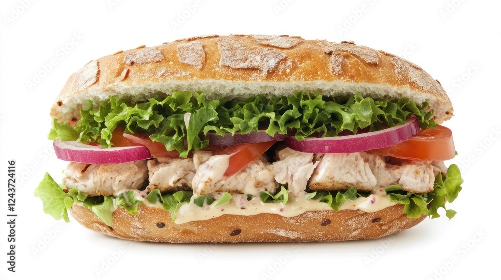 A freshly made sandwich with chicken, lettuce, tomatoes, onions, and sauce in a crusty roll. A freshly made sandwich with chicken, lettuce, tomatoes, onions, and sauce in a crusty roll.