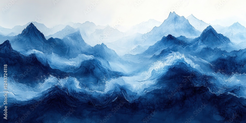 Fototapeta premium Abstract Ocean Waves Watercolor Art Blue White Gradient Background Fluid Texture