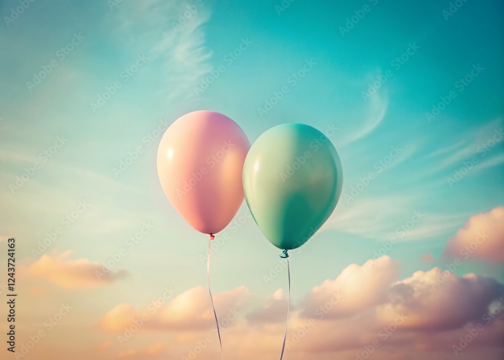 Minimalist Duo: Two Pastel Balloons Floating Against a Clear Sky Minimalist Duo: Two Pastel Balloons Floating Against a Clear Sky