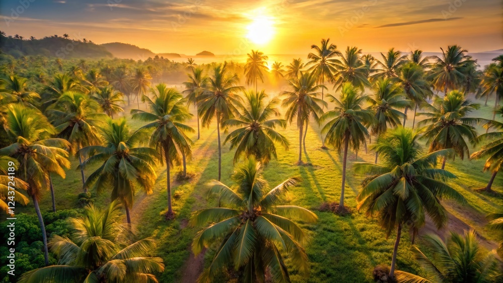 Minimalist Drone Shot: Sunlit Coconut Palms at Dawn Minimalist Drone Shot: Sunlit Coconut Palms at Dawn