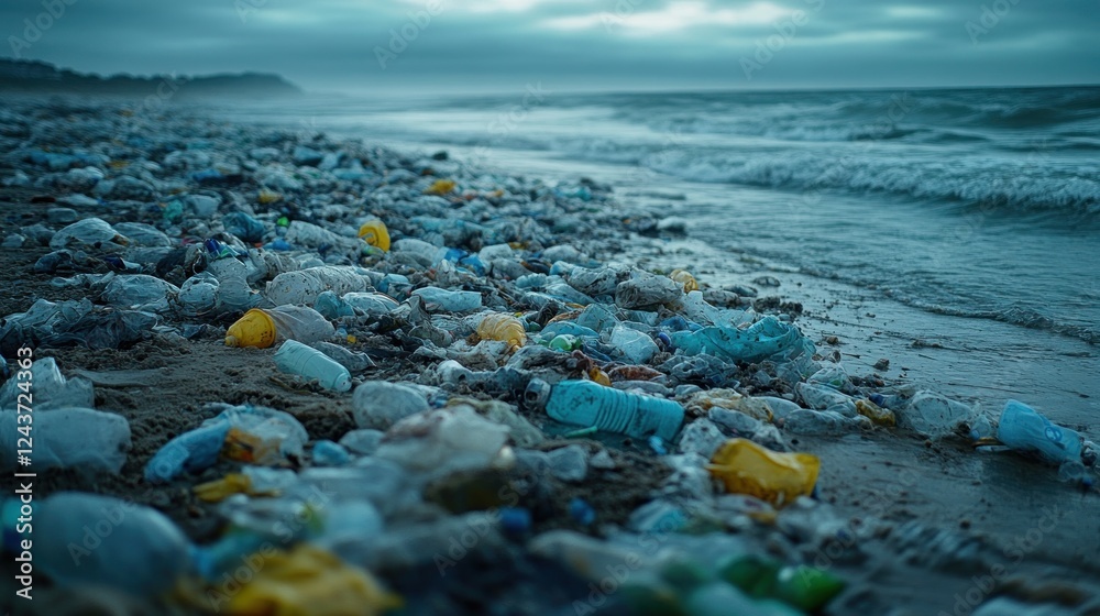 Plastic waste litters beach at twilight, ocean waves crashing ashore. Possible use Environmental awareness Plastic waste litters beach at twilight, ocean waves crashing ashore. Possible use Environmental awareness