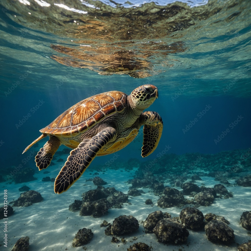 Fototapeta premium A beautiful sea turtle swimming gracefully, its detailed shell catching light.