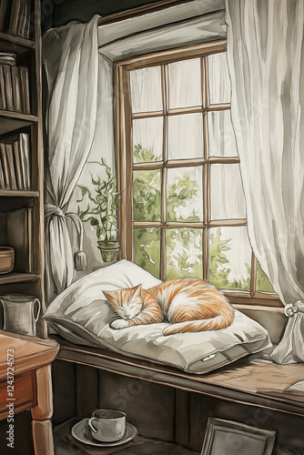 watercolour illustration af a ginger cat sleeping cosily on a pillow by the window
