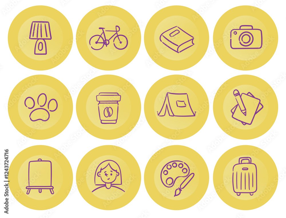 Fototapeta premium Yellow Icon Set Featuring Various Hobbies and Activities Symbols