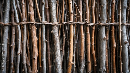 Rustic Fence Made of Twigs with Natural Textures and Blank Space for Custom Text or Messages photo