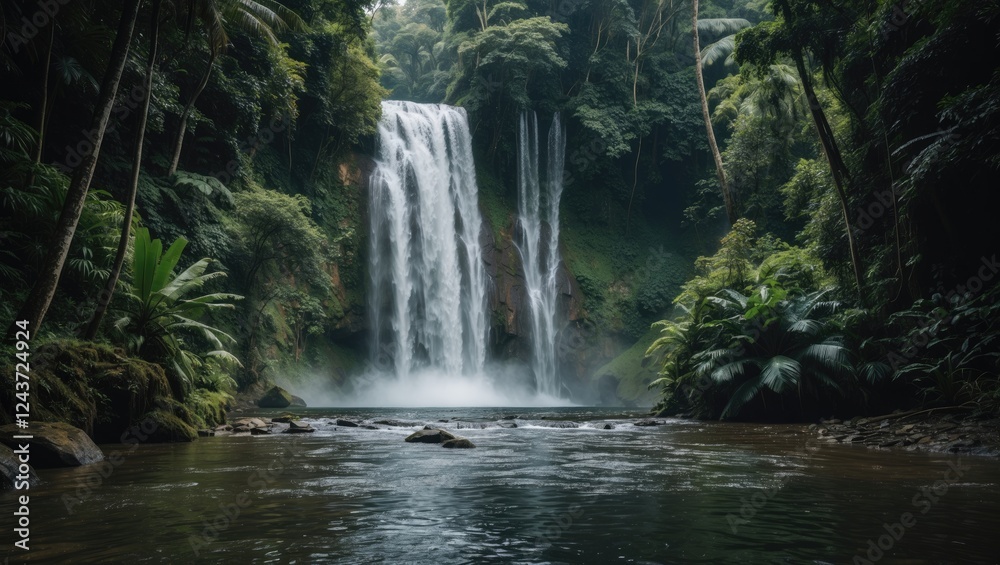 Fototapeta premium Majestic Waterfall Cascading Through Lush Jungle Surrounded by Vibrant Tropical Foliage and Serene Water Reflections