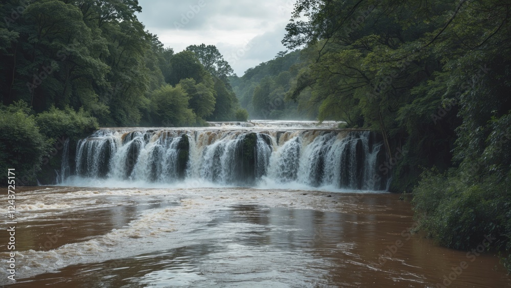 Fototapeta premium A Serene Waterfall Cascading Beside a Flooded Road Surrounded by Lush Greenery with Space for Text Overlay