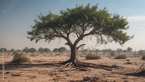 Lonely tree standing resilient in arid landscape showcasing impact of climate change and ecological degradation on the environment. photo