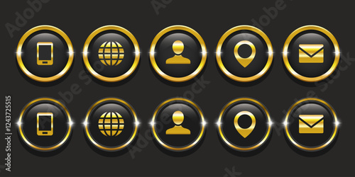 Business card icons. Website icons. Round black icons in a gold frame.