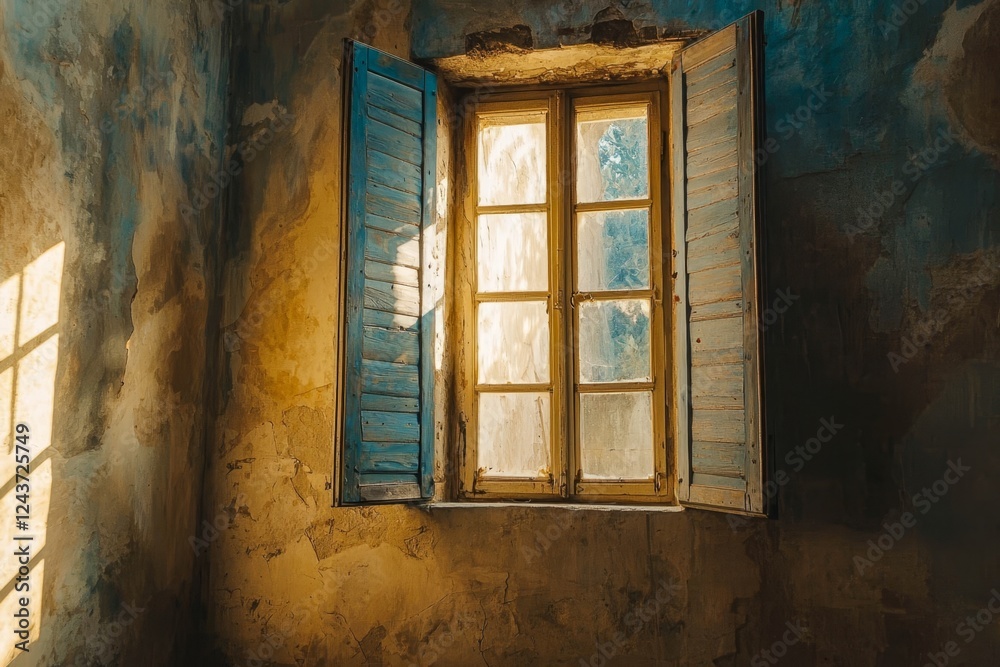 Obraz premium Close up front view of an ancient window with closed wooden shutters.