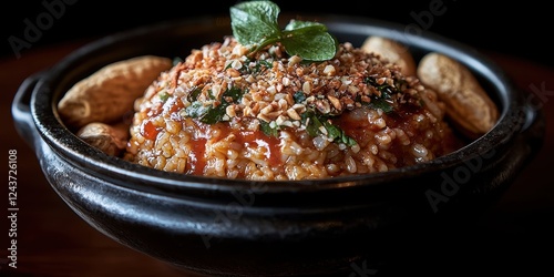 A glowing bowl of puliyodarai (tamarind rice) garnished with roasted peanuts, curry leaves, and a side of papad. The vibrant yellow of the rice highlights the tangy and spicy flavors  photo