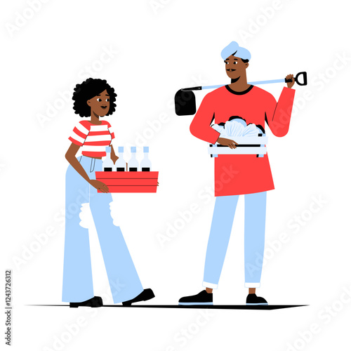 Man And Woman With Farming Supplies In Flat Vector Illustration Symbolizing Agriculture, Farm Work, And Rural Business, Isolated On White Background