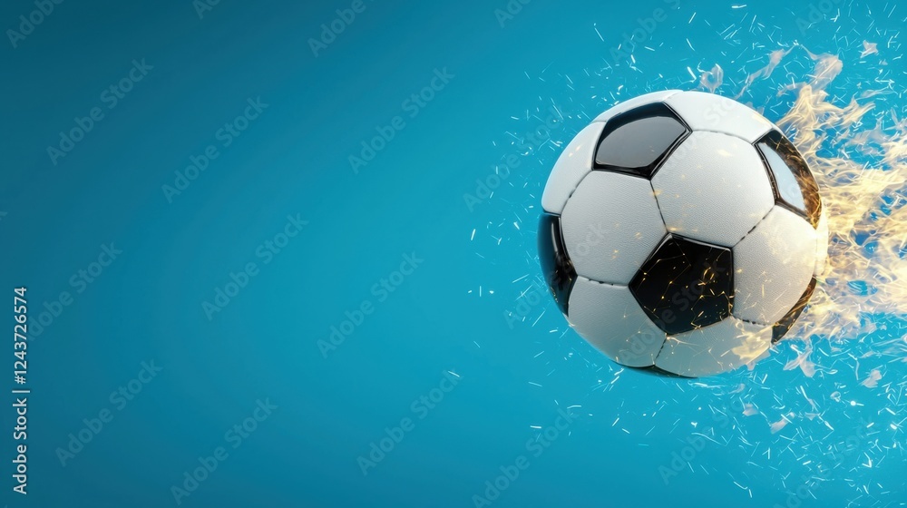 Fototapeta premium A dynamic image of a spinning football surrounded by glowing energy and water splashes captured in mid flight against a vibrant blue background showcasing the power speed and athleticism of the sport