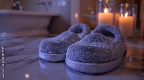 Plush slippers on marble bathroom vanity, candles in background, relaxation photo