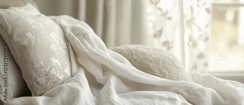 Soft bedding with decorative pillows and light curtains creates cozy atmosphere