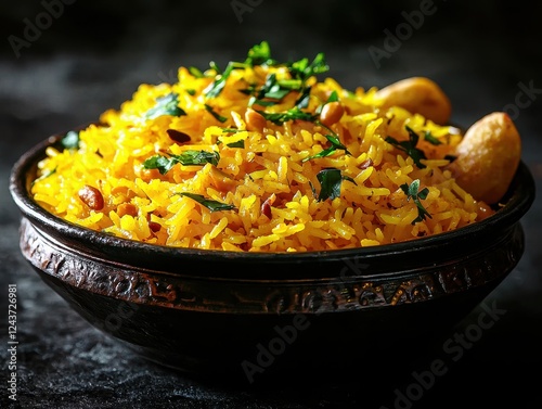 A glowing bowl of tangy tamarind rice garnished with roasted peanuts and curry leaves, with a side of crispy papad and pickle. The bright yellow of the rice highlights the rich flavors of South  photo