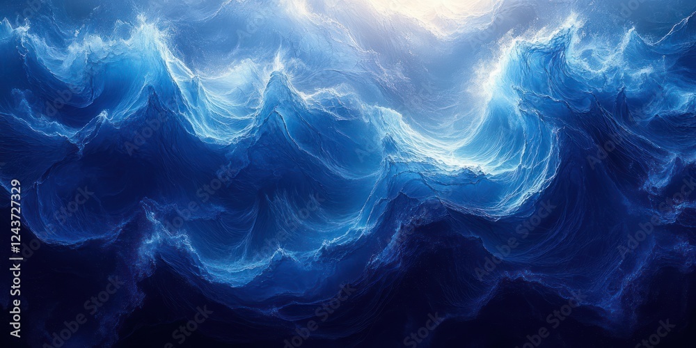 Fototapeta premium Abstract Ocean Waves Fluid Art with Deep Blue Turquoise Gradient and Soft Natural Light Background