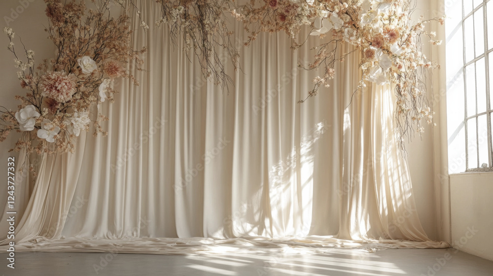 serene boho wedding backdrop featuring soft drapes and floral arrangements. light creates warm atmosphere serene boho wedding backdrop featuring soft drapes and floral arrangements. light creates warm atmosphere
