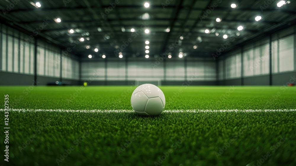Fototapeta premium A single soccer ball sits on a pristine indoor turf field, illuminated by stadium lights